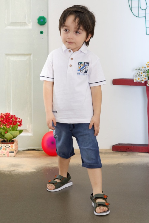 Beyaz Skate Baskılı Polo Yaka Erkek Çocuk Jean Şortlu Takım 18744