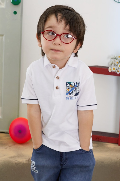 Beyaz Skate Baskılı Polo Yaka Erkek Çocuk Jean Şortlu Takım 18744