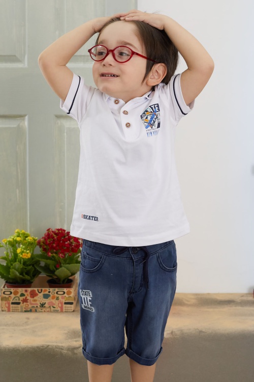Beyaz Skate Baskılı Polo Yaka Erkek Çocuk Jean Şortlu Takım 18744