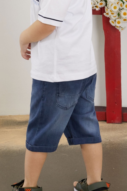 Beyaz Skate Baskılı Polo Yaka Erkek Çocuk Jean Şortlu Takım 18744