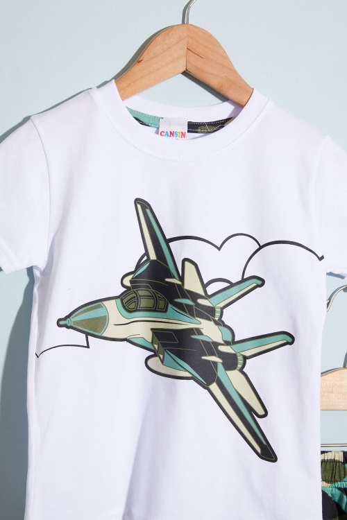 Beyaz Uçak Baskılı Erkek Çocuk Şortlu Tişörtlü Takım 18656