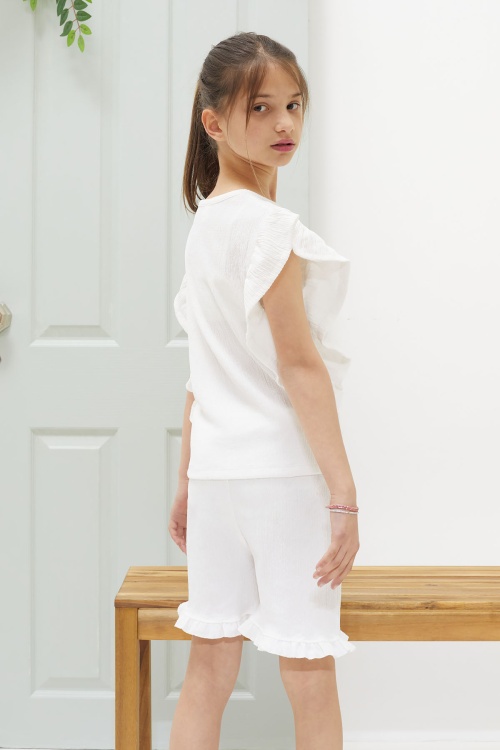 Beyaz Volan Detaylı Bluzlu Kız Çocuk Şortlu Takım 18553