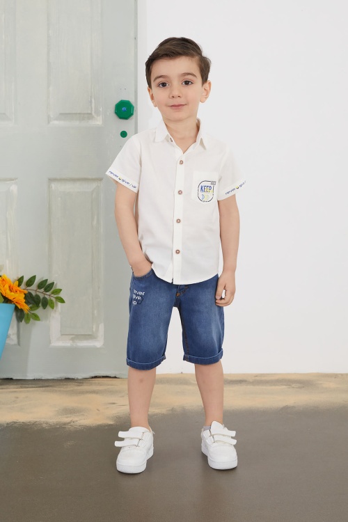 Beyaz Yazılı Kısa Kol Gömlekli Jean Şortlu Erkek Çocuk Takım 18762