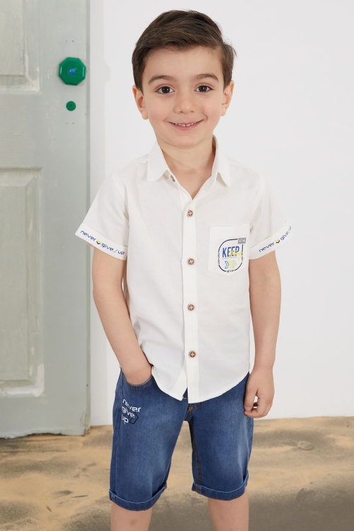 Beyaz Yazılı Kısa Kol Gömlekli Jean Şortlu Erkek Çocuk Takım 18762