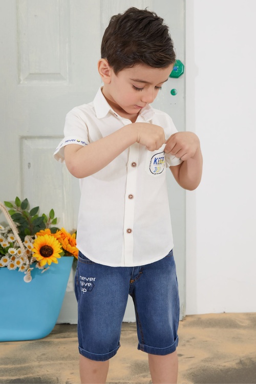 Beyaz Yazılı Kısa Kol Gömlekli Jean Şortlu Erkek Çocuk Takım 18762