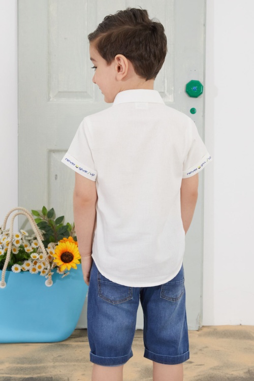 Beyaz Yazılı Kısa Kol Gömlekli Jean Şortlu Erkek Çocuk Takım 18762