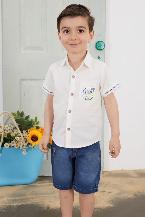 Beyaz Yazılı Kısa Kol Gömlekli Jean Şortlu Erkek Çocuk Takım 18762