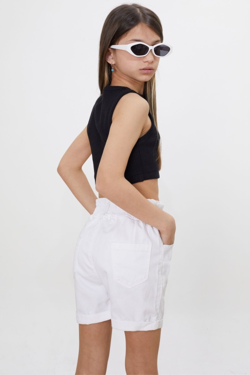 Beyaz Yüksek Bel Çift Düğmeli Kız Jean Şort 18483