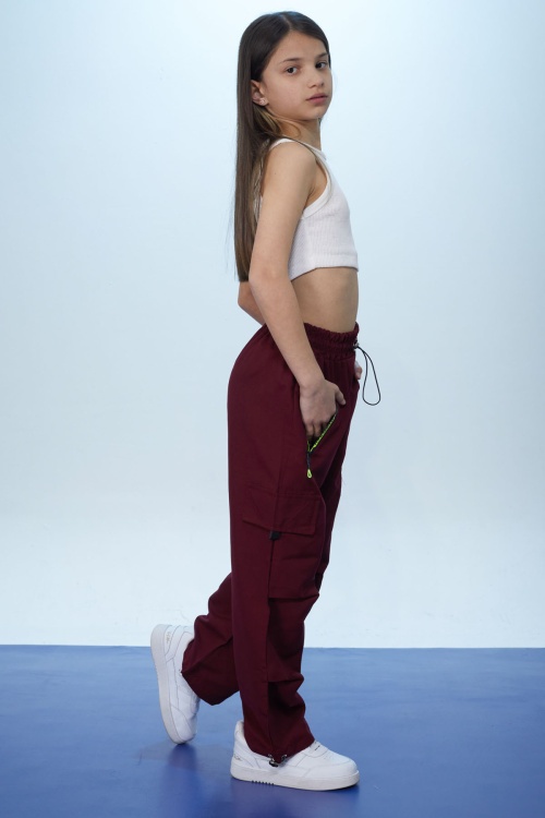 Bordo Fermuar Cepli Kız Çocuk Paraşüt Pantolon 18422