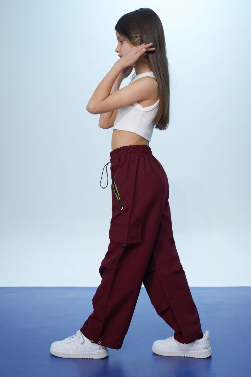 Bordo Fermuar Cepli Kız Çocuk Paraşüt Pantolon 18422