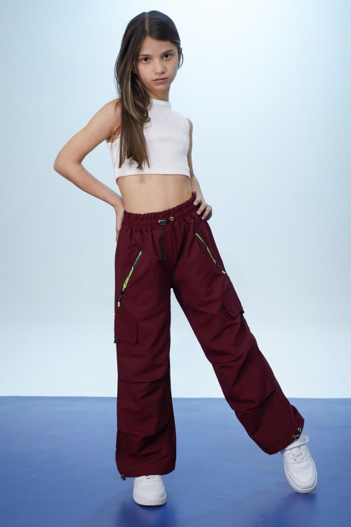 Bordo Fermuar Cepli Kız Çocuk Paraşüt Pantolon 18422