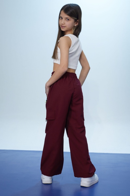 Bordo Fermuar Cepli Kız Çocuk Paraşüt Pantolon 18422