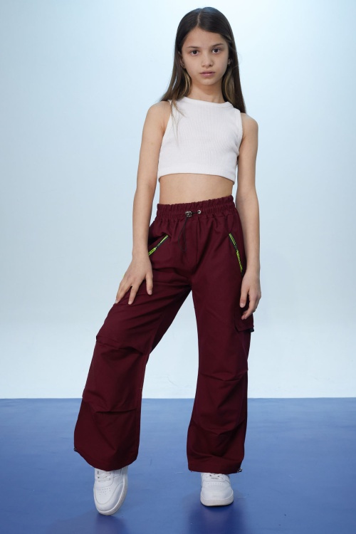 Bordo Fermuar Cepli Kız Çocuk Paraşüt Pantolon 18422