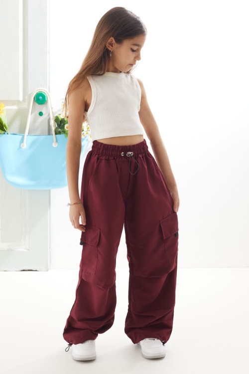 Bordo Kargo Cep Lastikli Paça Kız Paraşüt Pantolon 18627