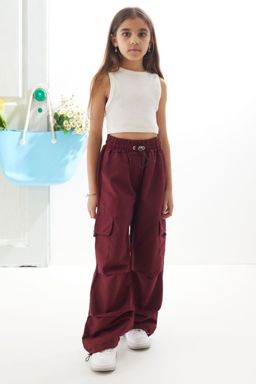 Bordo Kargo Cep Lastikli Paça Kız Paraşüt Pantolon 18627