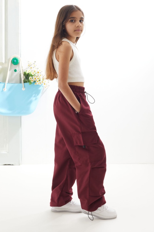 Bordo Kargo Cep Lastikli Paça Kız Paraşüt Pantolon 18627