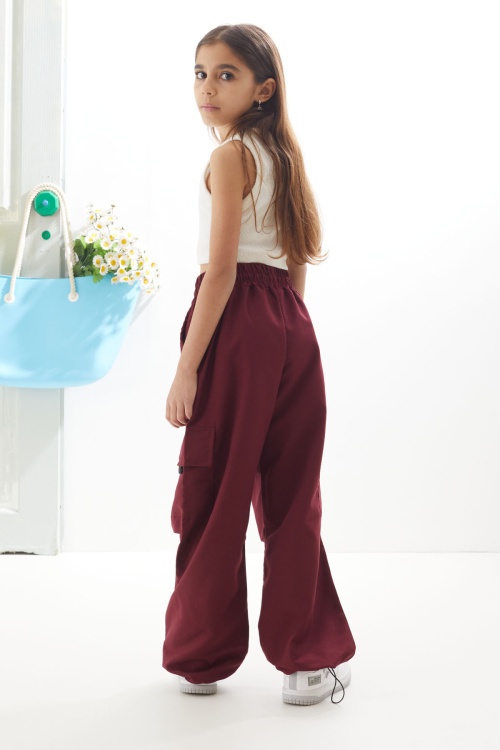 Bordo Kargo Cep Lastikli Paça Kız Paraşüt Pantolon 18627