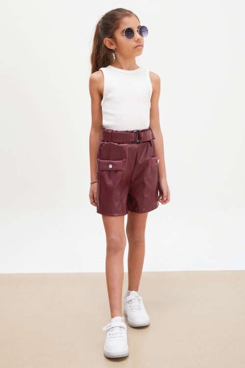 Bordo Kemerli Ön Cepli Kız Çocuk Deri Şort 18219