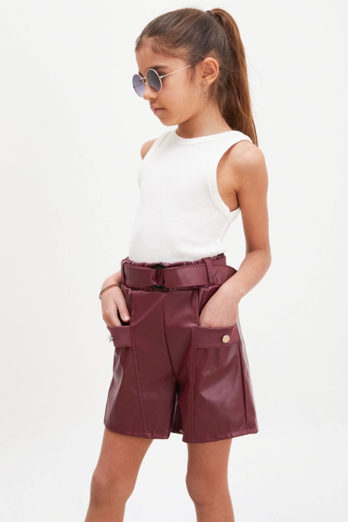 Bordo Kemerli Ön Cepli Kız Çocuk Deri Şort 18219
