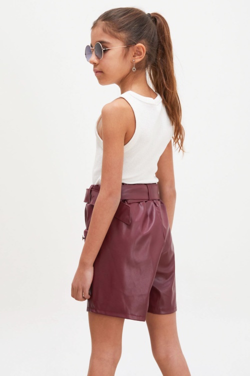 Bordo Kemerli Ön Cepli Kız Çocuk Deri Şort 18219