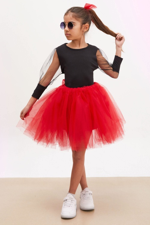 Bordo Tütü Etekli Kolları Tüllü Bluzlu Kız Çocuk Elbise Takımı 17734