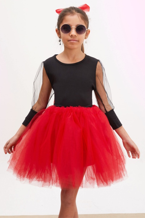 Bordo Tütü Etekli Kolları Tüllü Bluzlu Kız Çocuk Elbise Takımı 17734