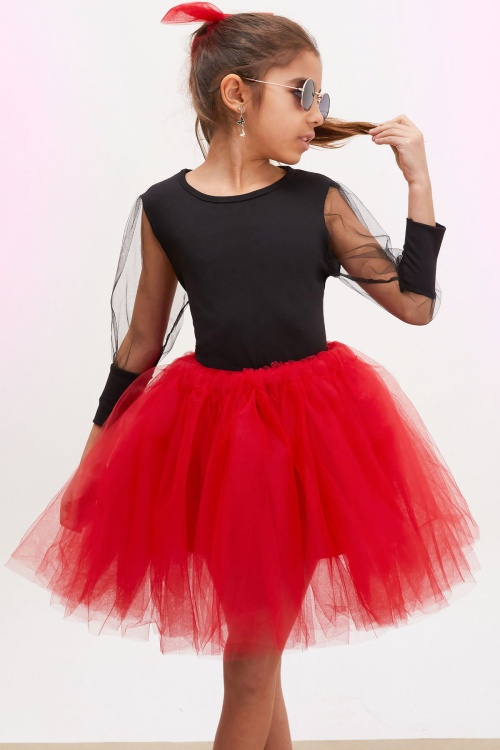 Bordo Tütü Etekli Kolları Tüllü Bluzlu Kız Çocuk Elbise Takımı 17734