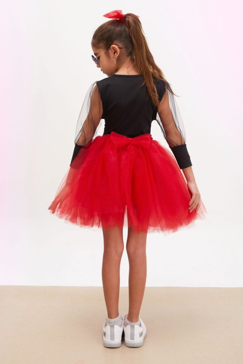 Bordo Tütü Etekli Kolları Tüllü Bluzlu Kız Çocuk Elbise Takımı 17734