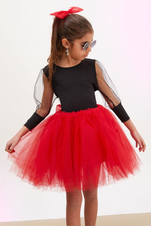 Bordo Tütü Etekli Kolları Tüllü Bluzlu Kız Çocuk Elbise Takımı 17734