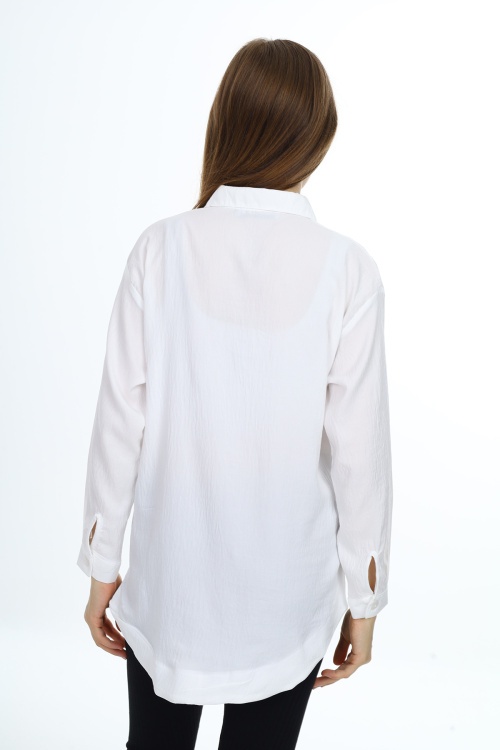 Ekru Ayıcık Baskılı Yırtmaçlı Kız Çocuk Düğmeli Gömlek 18418