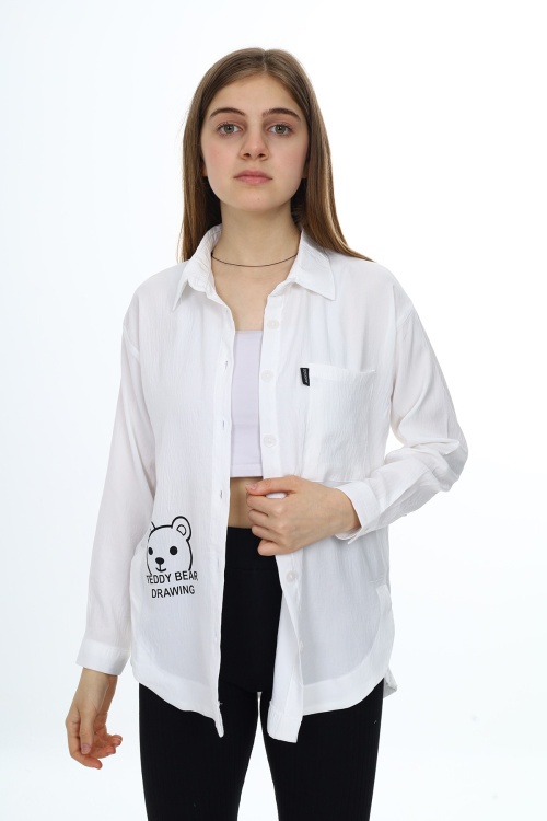 Ekru Ayıcık Baskılı Yırtmaçlı Kız Çocuk Düğmeli Gömlek 18418