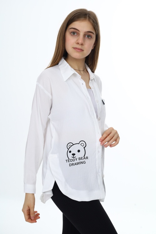 Ekru Ayıcık Baskılı Yırtmaçlı Kız Çocuk Düğmeli Gömlek 18418