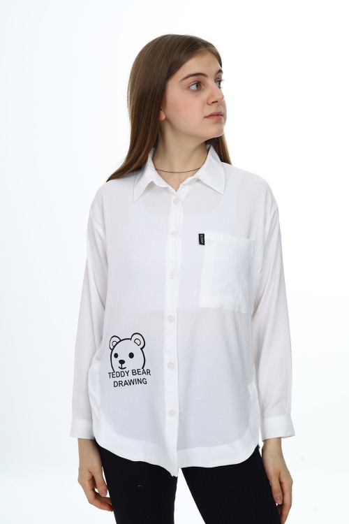 Ekru Ayıcık Baskılı Yırtmaçlı Kız Çocuk Düğmeli Gömlek 18418