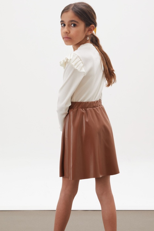 Ekru Çiçek Baskılı Badili Deri Etekli Kız Çocuk Takım 18008