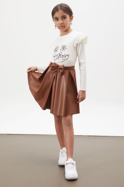 Ekru Çiçek Baskılı Badili Deri Etekli Kız Çocuk Takım 18008