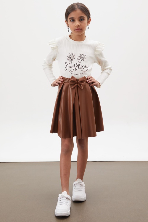 Ekru Çiçek Baskılı Badili Deri Etekli Kız Çocuk Takım 18008