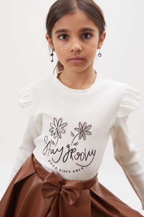 Ekru Çiçek Baskılı Badili Deri Etekli Kız Çocuk Takım 18008