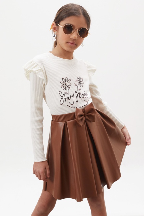 Ekru Çiçek Baskılı Badili Deri Etekli Kız Çocuk Takım 18008