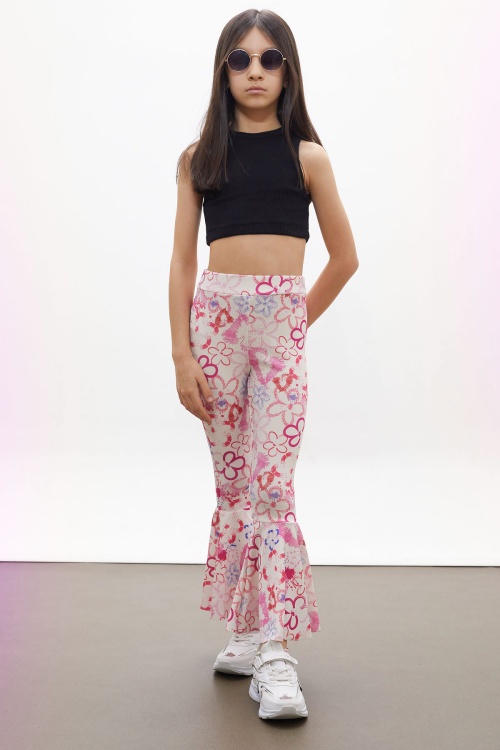 Ekru Çiçek Desenli İspanyol Paça Kız Çocuk Tayt 18187