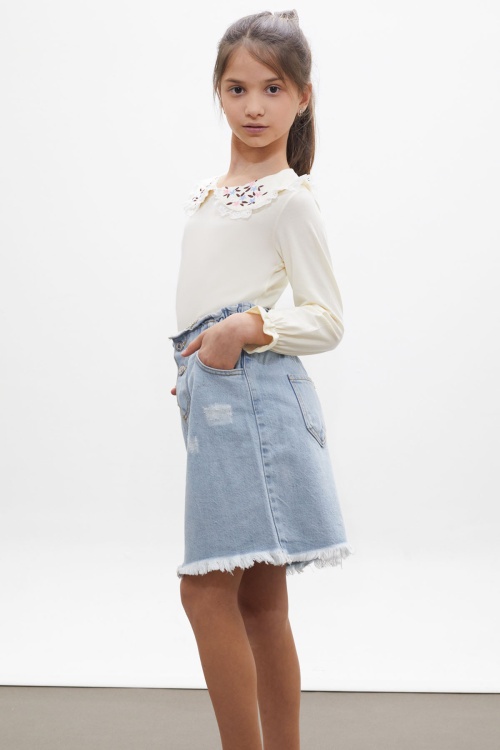 Ekru Çiçek Nakışlı Bluzlu Kot Etekli Kız Çocuk Takım 18166