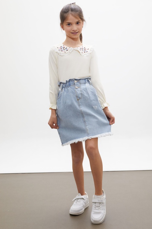 Ekru Çiçek Nakışlı Bluzlu Kot Etekli Kız Çocuk Takım 18166