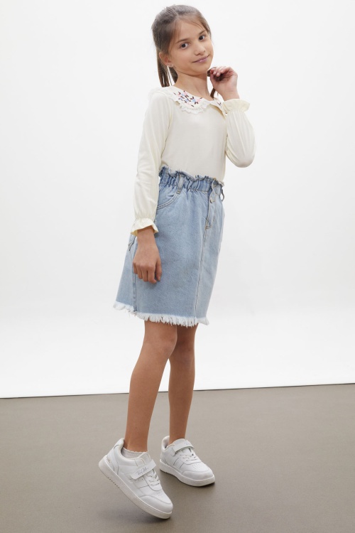 Ekru Çiçek Nakışlı Bluzlu Kot Etekli Kız Çocuk Takım 18166