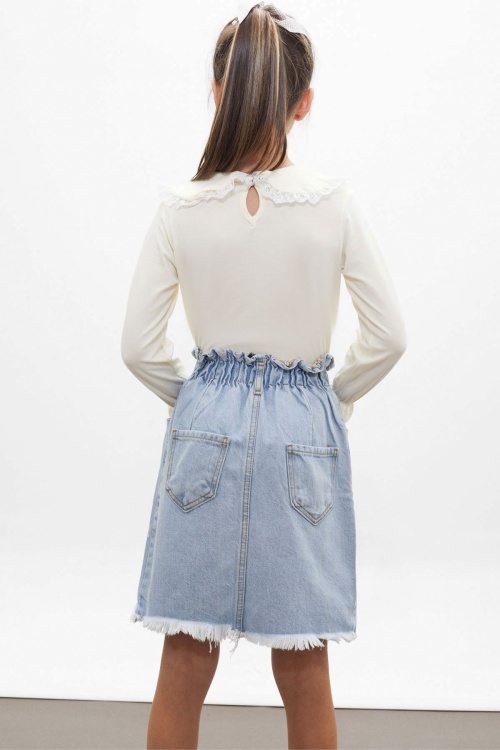 Ekru Çiçek Nakışlı Bluzlu Kot Etekli Kız Çocuk Takım 18166