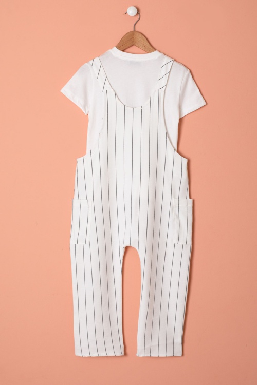 Ekru Çizgili Beyaz Tişörtlü Çocuk Salopet Tulum Takımı 18403