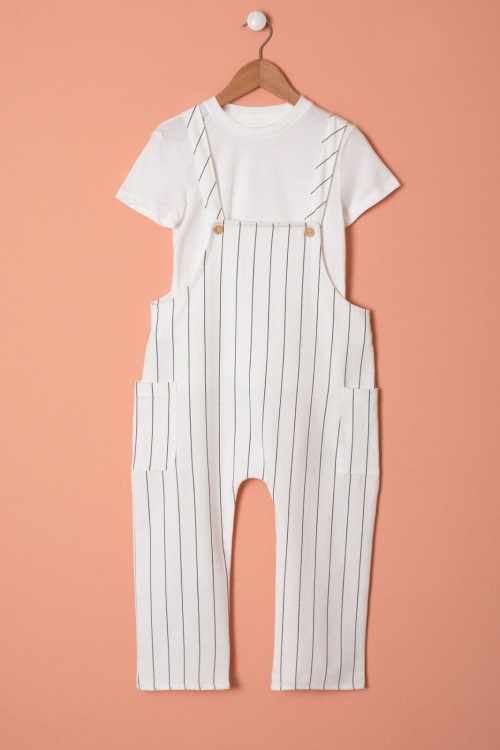 Ekru Çizgili Beyaz Tişörtlü Çocuk Salopet Tulum Takımı 18403