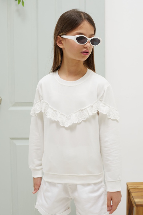 Ekru Dantel Detaylı Bisiklet Yaka Kız Çocuk Sweatshirt 18544