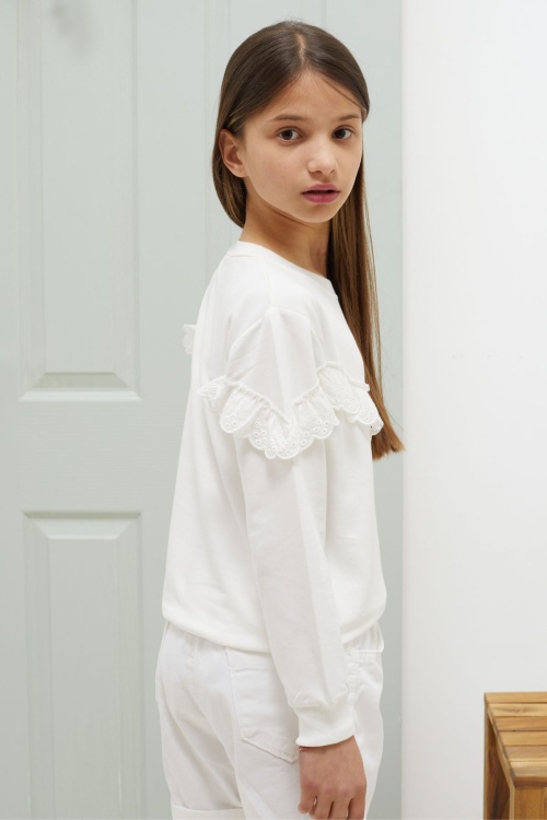 Ekru Dantel Detaylı Bisiklet Yaka Kız Çocuk Sweatshirt 18544