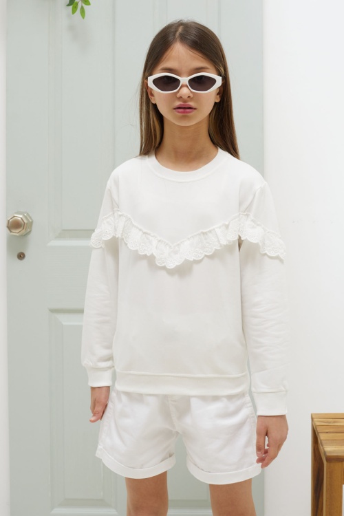 Ekru Dantel Detaylı Bisiklet Yaka Kız Çocuk Sweatshirt 18544