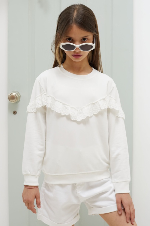 Ekru Dantel Detaylı Bisiklet Yaka Kız Çocuk Sweatshirt 18544
