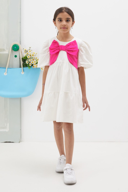 Ekru Fiyonklu Kısa Kollu Kız Çocuk Elbise 18626